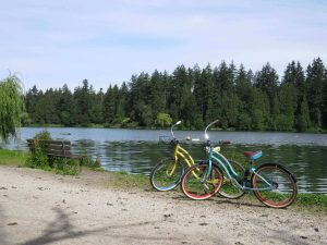 Two cute bikes next to a body of water in Stanley Park