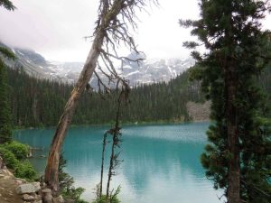 The emerald coloured middle lake at Joffre Lakes, a stop on the Sea to Sky Highway