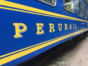The Peru Rail train to Machu Picchu going along the tracks